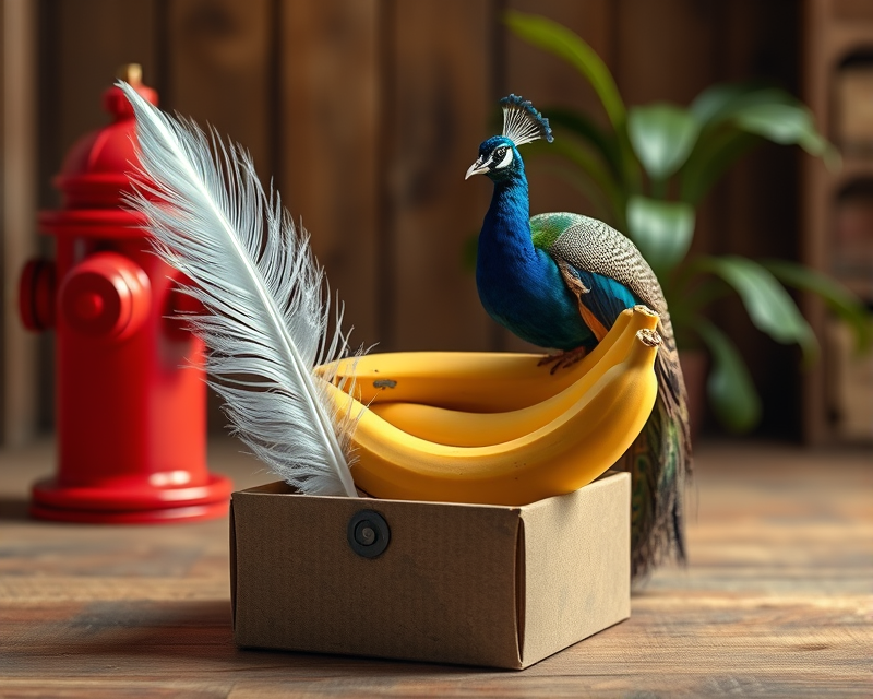 feather, box, fire hydrant, banana, peacock